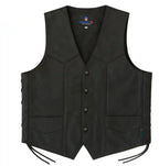 Front view of the Legendary Club Style men's leather motorcycle vest with button closure and side lacing