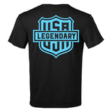 Back of the Legendary Color Shield Motorcycle T-Shirt with bold sky blue USA Legendary shield design, Made in USA