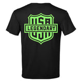 Back of the Legendary Color Shield Motorcycle T-Shirt with oversized neon green USA Legendary design, Made in USA