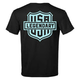 Back of the Legendary Color Shield Motorcycle T-Shirt with large mint green USA Legendary logo, Made in USA