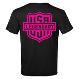 Back of the Legendary Color Shield Motorcycle T-Shirt featuring hot pink USA Legendary graphic, Made in USA