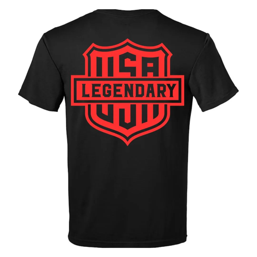 Back view of the Legendary Color Shield Motorcycle T-Shirt featuring large red USA Legendary shield logo, Made in USA