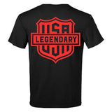 Back view of the Legendary Color Shield Motorcycle T-Shirt featuring large red USA Legendary shield logo, Made in USA