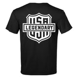 Back of the Legendary Color Shield Motorcycle T-Shirt showcasing bold white USA Legendary logo, Made in USA