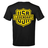 Back view of the Legendary Color Shield Motorcycle T-Shirt featuring large yellow USA Legendary shield graphic, Made in USA