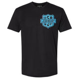 Front of the Legendary Color Shield Motorcycle T-Shirt with sky blue USA Legendary logo, Made in USA