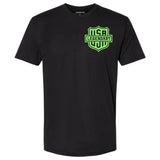 Front of the Legendary Color Shield Motorcycle T-Shirt with neon green USA Legendary logo, Made in USA