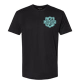 Front of the Legendary Color Shield Motorcycle T-Shirt with mint green USA Legendary logo, Made in USA