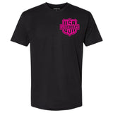 Front of the Legendary Color Shield Motorcycle T-Shirt with hot pink USA Legendary logo, Made in USA