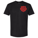 Front view of the Legendary Color Shield Motorcycle T-Shirt with red USA Legendary logo, Made in USA