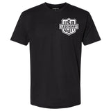 Front of the Legendary Color Shield Motorcycle T-Shirt with clean white USA Legendary logo, Made in USA