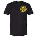 Front view of the Legendary Color Shield Motorcycle T-Shirt with bold yellow USA Legendary logo, Made in USA
