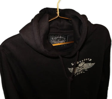 Close-up of Legendary Custom Cuts Best Damn Motorcycle Hoodie in black on hanger, showing chest graphic and inner neck label, made in USA