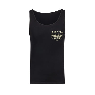 View of Legendary 'Custom Cuts' tank top front with small skull wing logo on chest, Made in USA
