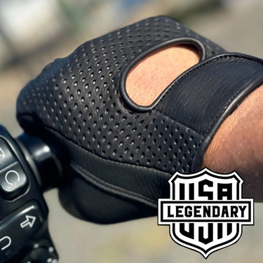 Legendary Deerskin Ventilated Driving Gloves with touchscreen worn while riding motorcycle made in USA