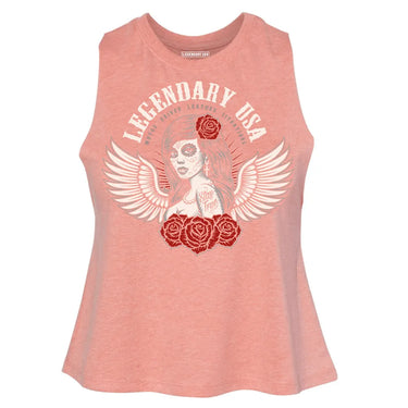 Legendary USA women's cropped tank in heather rose with Día de Muertos winged rose design, made in USA