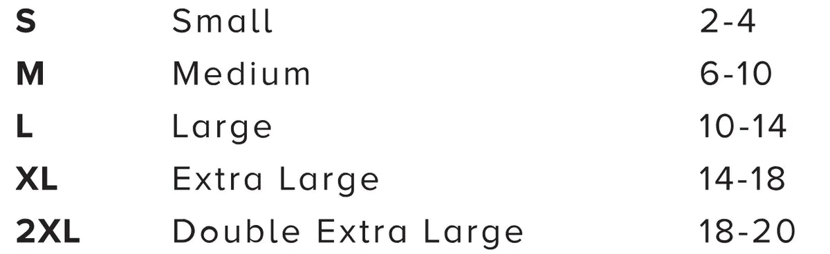 Women's size chart for Legendary cropped tanks with size range from Small to 2XL, made in USA
