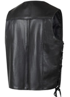 Back view of Legendary Dixon men’s leather motorcycle vest showing clean panel construction, made in USA