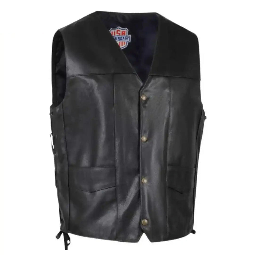 Legendary Dixon men's leather motorcycle vest front view with snap button closure, made in USA