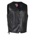 Legendary Dixon men's leather motorcycle vest front view with snap button closure, made in USA