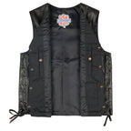 Interior view of Legendary Dixon men’s leather motorcycle vest with lining and pockets, made in USA