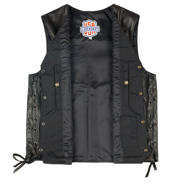 Interior view of Legendary Dixon men’s leather motorcycle vest with lining and pockets, made in USA