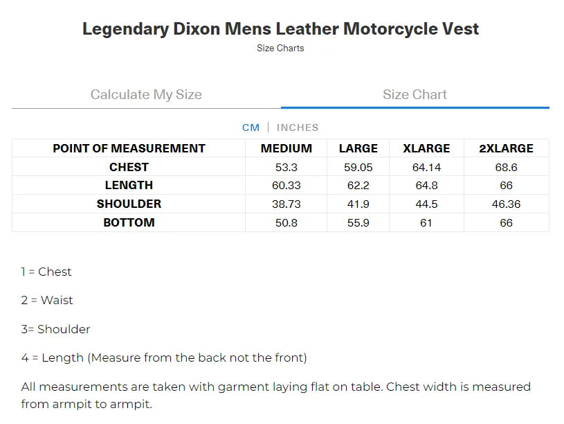Legendary Dixon Men's Leather Motorcycle Vest — size chart