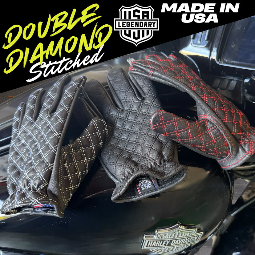 Display of Legendary Double-Diamond Stitched Gloves on Harley tank with white and red stitching variations, made in USA