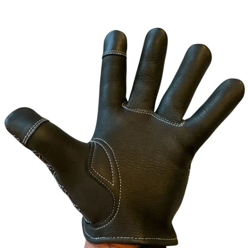 Side profile of Legendary short wrist white deerskin gloves, highlighting construction detail