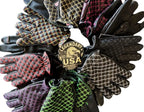 Top-down view of Legendary USA Double-Diamond Deerskin Gloves in assorted thread colors arranged in circular layout, made in USA