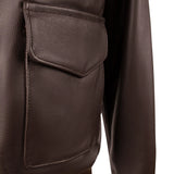 Close-up of sleeve seam and leather grain on the Legendary Fighting Falcon Men's A-2 Flight Jacket – Made in USA