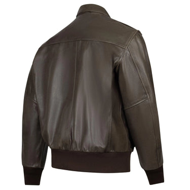 Legendary Flying Fortress A-2 leather flight jacket, back view showcasing full goatskin panel and ribbed hem
