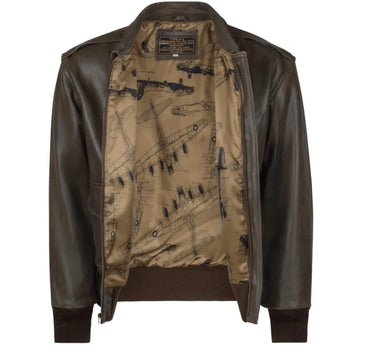 Legendary Flying Fortress A-2 goatskin flight jacket, open front showing vintage bomber airplane print lining and interior label