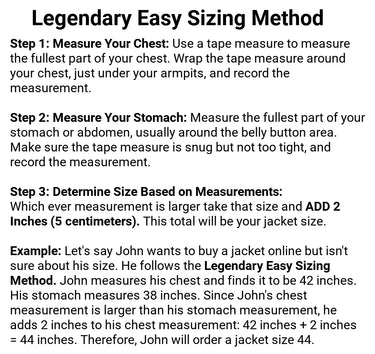 Legendary USA flight jacket sizing guide showing step-by-step chest and stomach measuring instructions