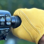 Legendary Gold Deerskin Leather Short Wrist Motorcycle Gloves Made in USA lifestyle image on motorcycle tank