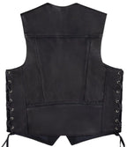 Back view of the Legendary Gunslinger leather vest showing clean design with subtle braided detailing and side lacing