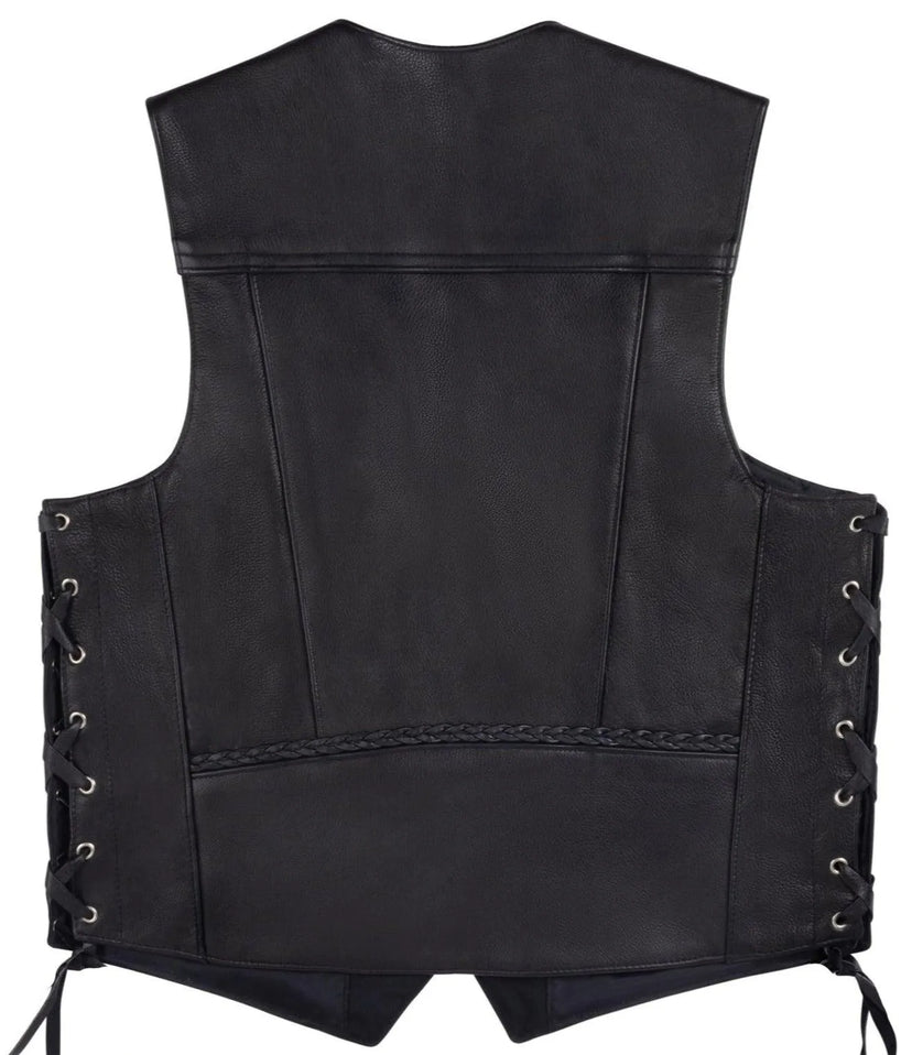 Back view of the Legendary Gunslinger leather vest showing clean design with subtle braided detailing and side lacing