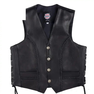 Front view of the Legendary Gunslinger leather motorcycle vest with braided accents, side lacing, and snap buttons