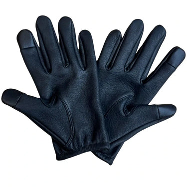 View of glove palms showing leather texture and touchscreen fingertips, Made in USA