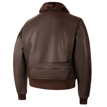 Back view of Legendary Hellcat G-1 leather flight jacket showing classic Navy flight jacket construction, made in USA