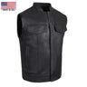 Front view of Legendary Holy Ghost men’s perforated leather motorcycle vest with hidden zipper and snap front closure