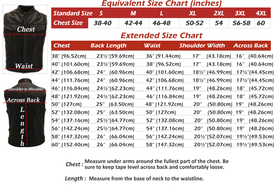 Detailed sizing chart for Legendary cropped leather motorcycle vest, includes chest, back, and shoulder dimensions