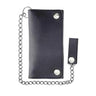 Front view of Legendary horsehide biker long wallet in black with attached chain and snap closure, made in USA