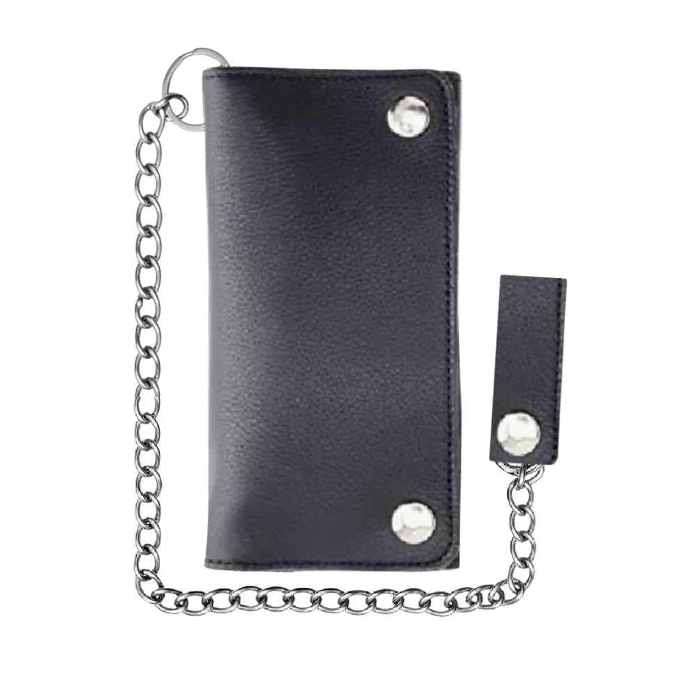 Front view of Legendary horsehide biker long wallet in black with attached chain and snap closure, made in USA