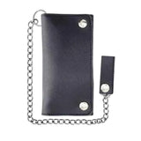 Front view of Legendary horsehide biker long wallet in black with attached chain and snap closure, made in USA