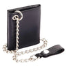Side view of Legendary horsehide biker wallet in black with attached chain and snap loop, made in USA