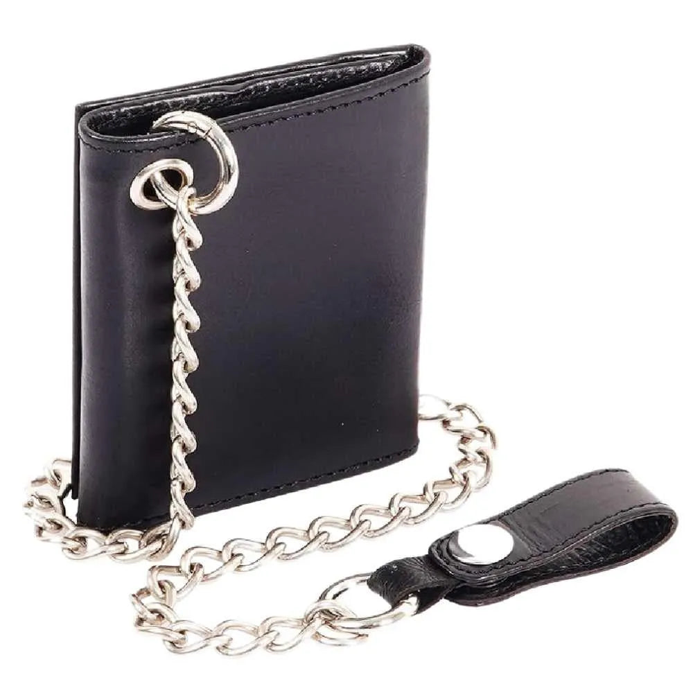 Side view of Legendary horsehide biker wallet in black with attached chain and snap loop, made in USA