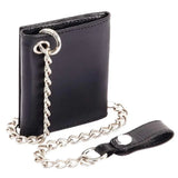 Side view of Legendary horsehide biker wallet in black with attached chain and snap loop, made in USA
