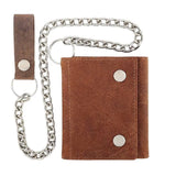 Front view of Legendary horsehide biker wallet in brown suede with attached chain and snap loop, made in USA