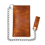 Front view of Legendary horsehide biker long wallet in brown with attached chain and snap closure, made in USA